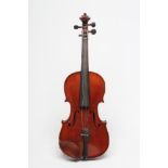 A SMALL VIOLIN, one piece back, notched sound holes, rosewood turners, no label, red varnish, back