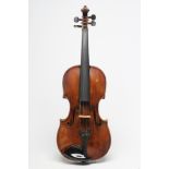 A VIOLIN, one piece back, no label, notched sound holes, inlaid purfling, ebony turners, 14" back,