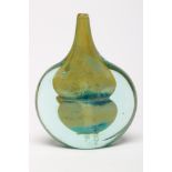 A M'DINA GLASS AXE-HEAD VASE of typical form with yellow and blue shaped interior to a green body,
