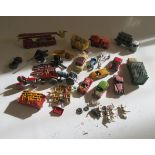 Playworn vehicles by Corgi, Dinky and Matchbox including Simon Snorkel fire engine, tractors and