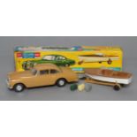 Telsada plastic friction motored Bentley and speedboat, box P, vehicle and boat G (Est. plus 21%