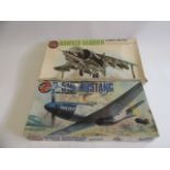 Airfix 1/24 Scale P51 Mustang and Hawker Harrier, boxed, contents in plastic bags, unchecked for