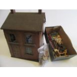A pre-war wooden dolls house, 18" x 12 1/4", together with a small collection of dolls house