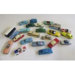 Playworn cars by Dinky and Corgi including caravan, bus, Rover 90 and E Type, F-P (Est. plus 21%