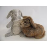 Two Steiff rabbits, one brown on all fours with ear button and label, 13 1/2" across, the second