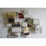 Thirteen Lledo and Matchbox vehicles including vintage cars and vans and three model spitfires, E (