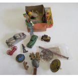 Playworn tinplate and other toys including clockwork saloon cars, spinning top and clockwork