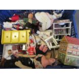 A collection of dolls and ephemera, including miniature dolls house, bisque head boy doll, shell