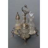 A VICTORIAN SILVER SMALL WARWICK CRUET, maker's mark J.W., London 1869, together with four