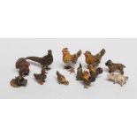 TWELVE VIENNA TYPE COLD PAINTED BRONZE MINIATURE BIRDS AND ANIMALS including a pheasant, turkey,