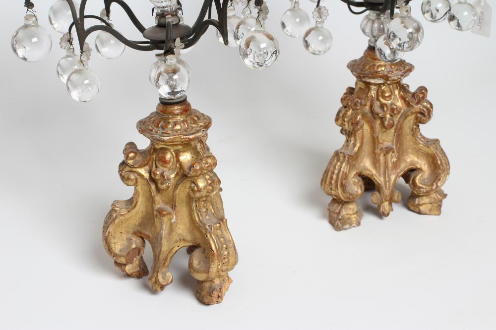 A PAIR OF DROP LUSTRES, posssibly French 19th century, the shaped open work tiered metal frame - Image 2 of 3