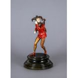 AN ART DECO COLD PAINTED BRONZE FIGURE, cast as a jester wearing red motley with a lute slung over