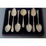 A COMPOSITE GEORGE III SILVER FRUIT SERVING SET, comprising three pairs of Old English pattern