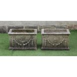 A PAIR OF HADDONSTONE "ADAM" PLANTERS of oblong form moulded with neo-classical ribbon tied swags