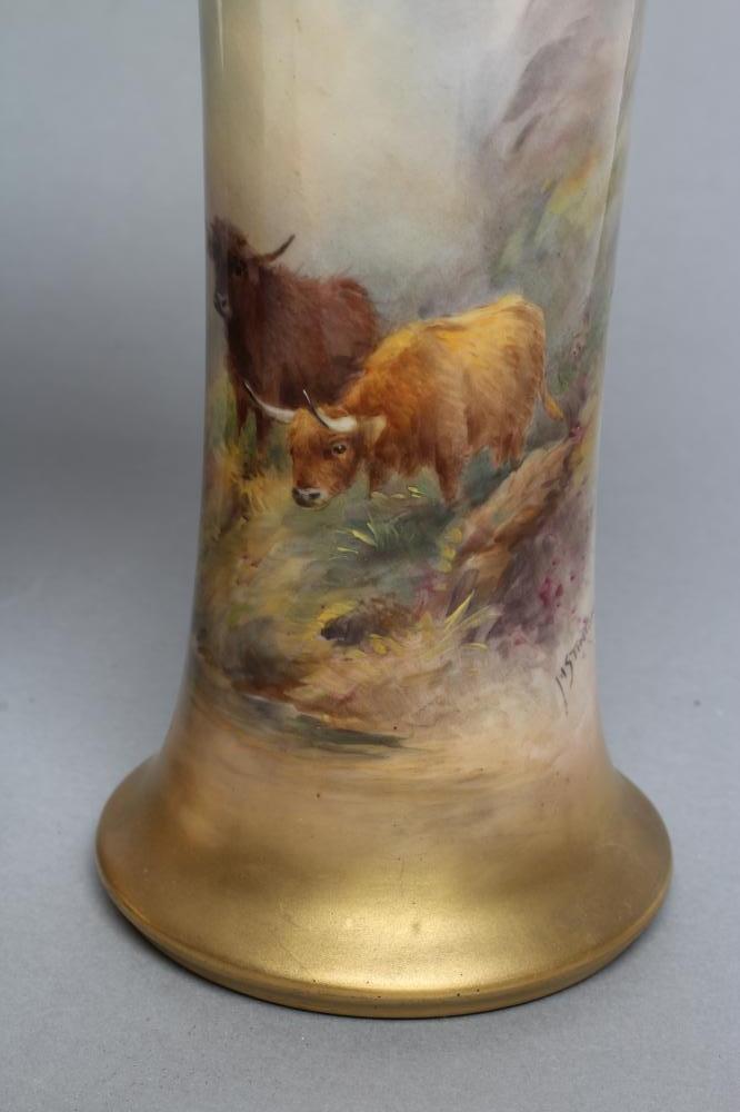 A PAIR OF ROYAL WORCESTER CHINA VASES, c.1921, of waisted cylindrical form, painted in polychrome - Image 3 of 6