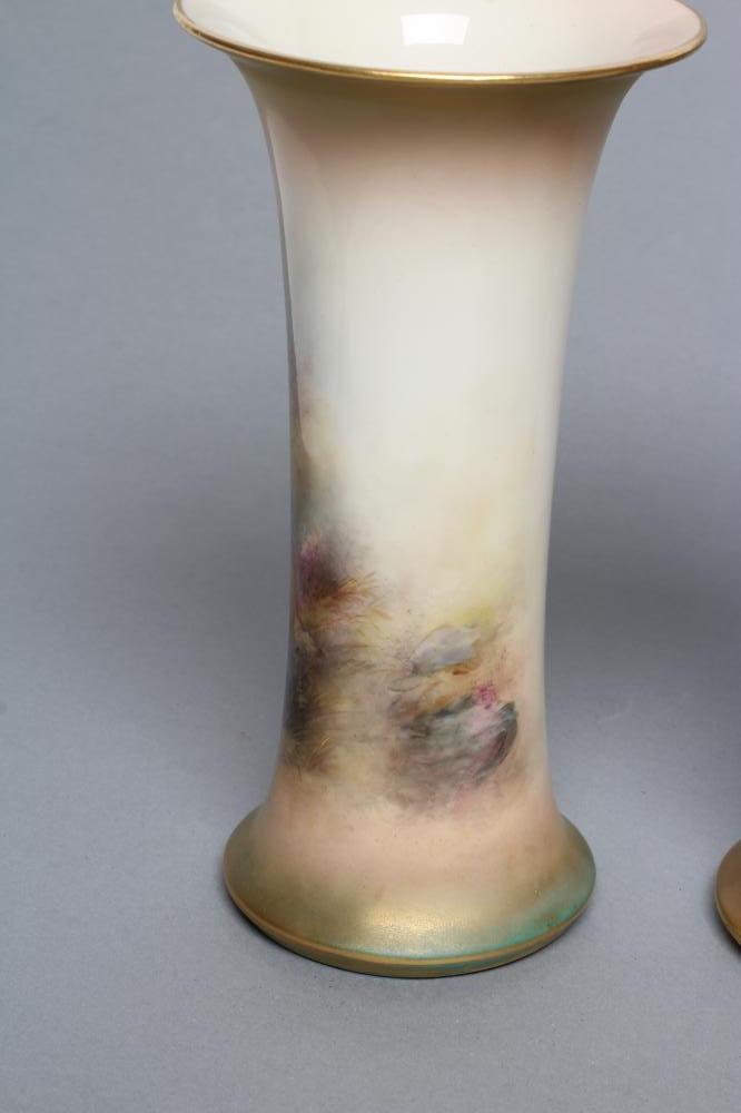 A PAIR OF ROYAL WORCESTER CHINA VASES, c.1921, of waisted cylindrical form, painted in polychrome - Image 4 of 6