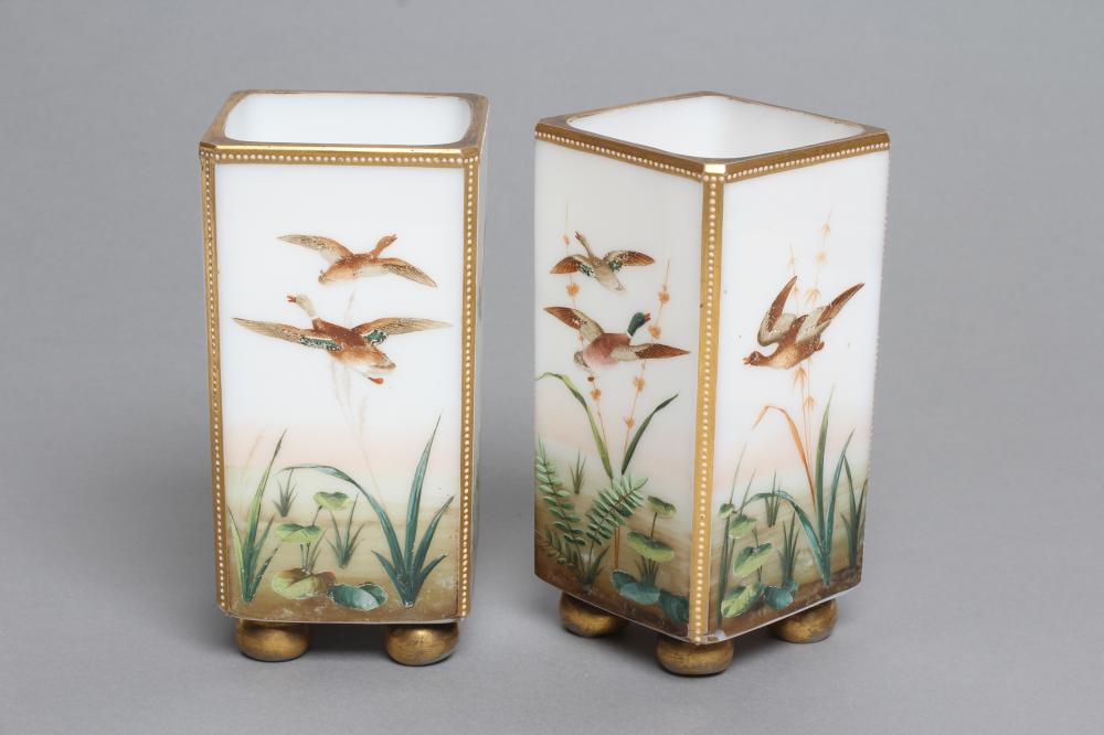 A PAIR OF OPALINE GLASS VASES, probably French, c.1880, of square section raised upon four bun feet,