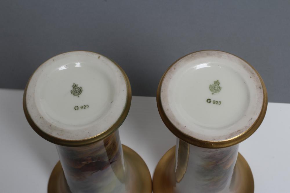 A PAIR OF ROYAL WORCESTER CHINA VASES, c.1921, of waisted cylindrical form, painted in polychrome - Image 6 of 6