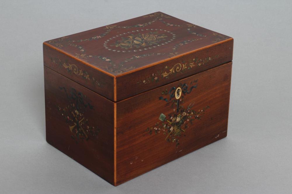 A GEORGIAN MAHOGANY TEA CADDY, c. 1800, of oblong form with box wood edge stringing, painted with