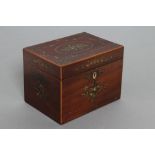 A GEORGIAN MAHOGANY TEA CADDY, c. 1800, of oblong form with box wood edge stringing, painted with