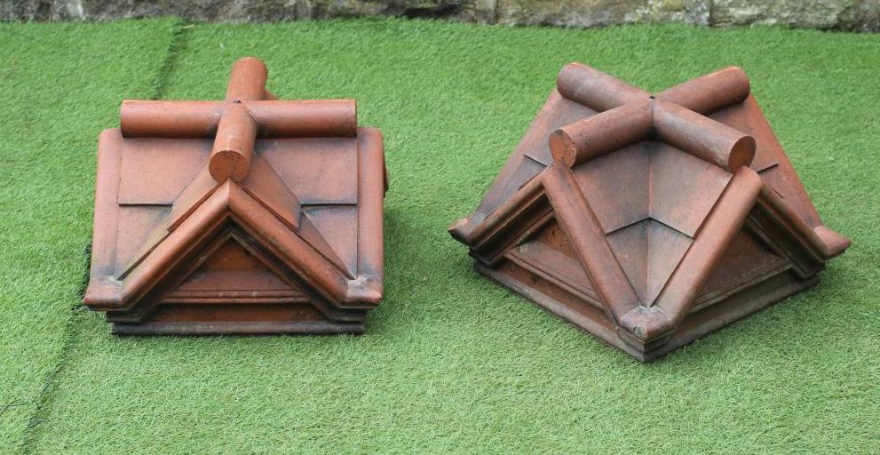 A PAIR OF GOTHIC TERRACOTTA PIER/PILLAR FINIALS of square pedimented form with cruciform top , 15" x