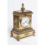 A FRENCH BRASS CASED MANTEL CLOCK, c.1900, the twin barrel movement by Japy Freres striking on a