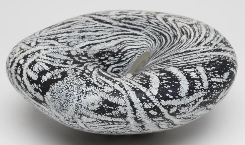 A PETER LAYTON FROSTED GLASS "BOWL" of organic pebble form with a dark blue ripple and mottled