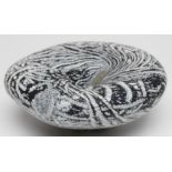 A PETER LAYTON FROSTED GLASS "BOWL" of organic pebble form with a dark blue ripple and mottled