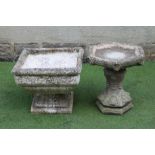 A COMPOSITION STONE BIRD BATH, the hexagonal bowl with foliate corners, on conforming stem and