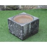 A FINE CUT SANDSTONE SQUARE PLANTER with circular depression, 15 1/2" x 11 3/4" (Est. plus 21%