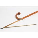 AN EDWARDIAN HORSE MEASURING STICK concealed in a walking stick with bamboo shaft and shepherd's