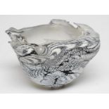 A PETER LAYTON FROSTED GLASS BOWL of abstract form with a dark blue dripped and mottled effect below