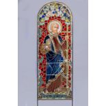 AN ECCLESIASTICAL STAINED AND PAINTED GLASS PANEL, 19th century Continental, of arched oblong form,