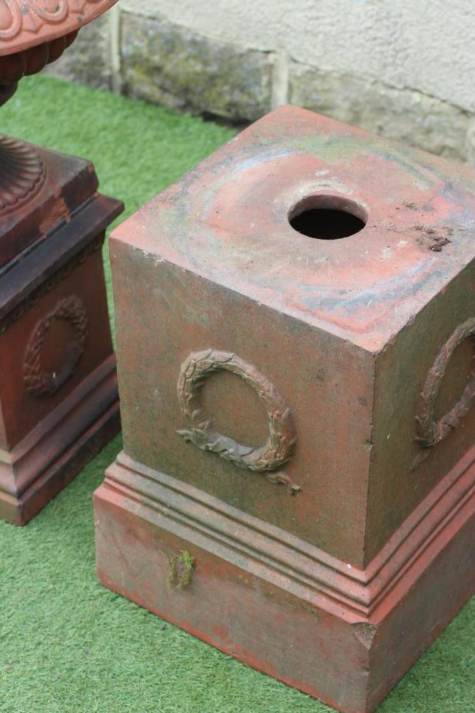 A VICTORIAN TERRACOTTA URN, the shallow fluted bowl with ovolo moulded rim, on fluted socle and - Image 3 of 3