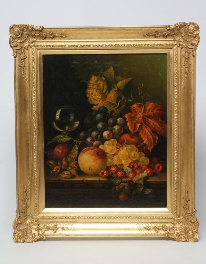 FLEMISH SCHOOL(?), (Late 19th Century), Still Life with Fruit and Wine Glass on a Ledge, oil on