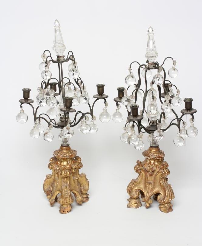 A PAIR OF DROP LUSTRES, posssibly French 19th century, the shaped open work tiered metal frame