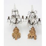 A PAIR OF DROP LUSTRES, posssibly French 19th century, the shaped open work tiered metal frame