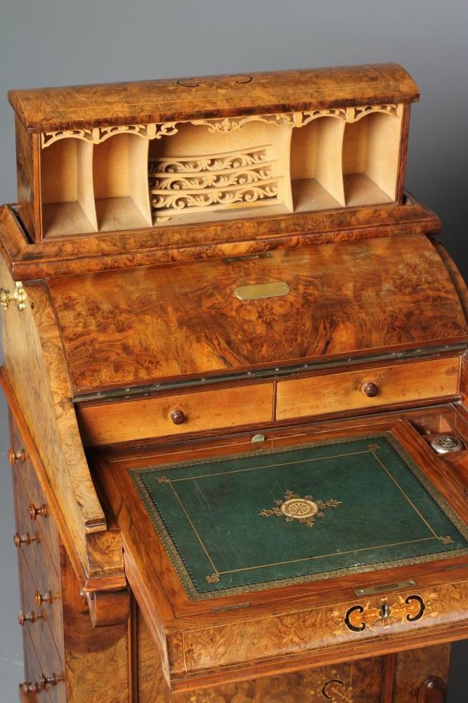 A VICTORIAN PRESENTATION BURR WALNUT AND MARQUETRY INLAID DAVENPORT, of piano top form with gilt - Image 3 of 11