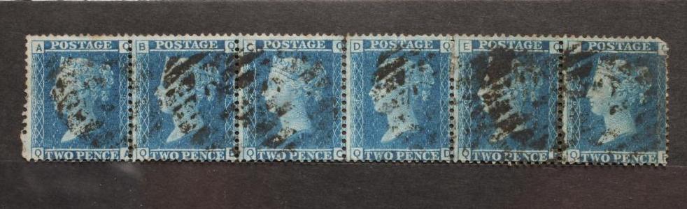 1858 2d BLUE STRIP OF SIX (Est. plus 21% premium inc. VAT)