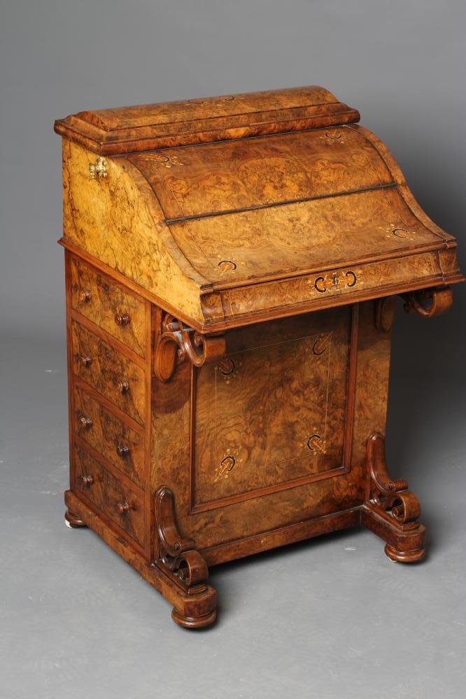 A VICTORIAN PRESENTATION BURR WALNUT AND MARQUETRY INLAID DAVENPORT, of piano top form with gilt