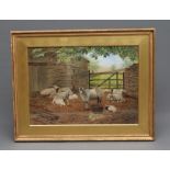 JOHN SINCLAIR (act.1872-1922), Herdwick Sheep Resting in a Farmyard, watercolour and pencil