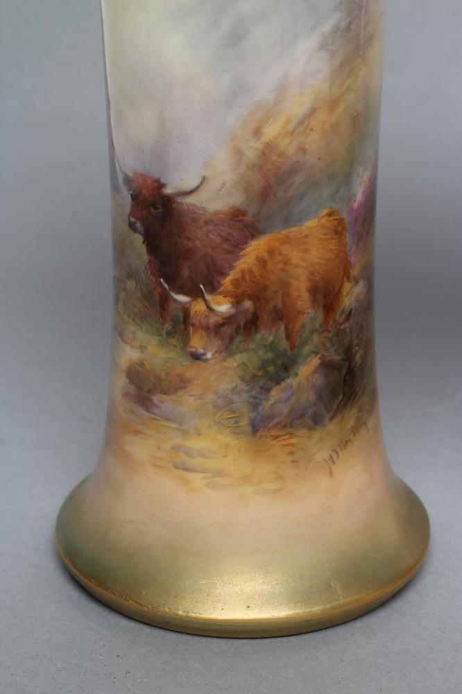 A PAIR OF ROYAL WORCESTER CHINA VASES, c.1921, of waisted cylindrical form, painted in polychrome - Image 2 of 6