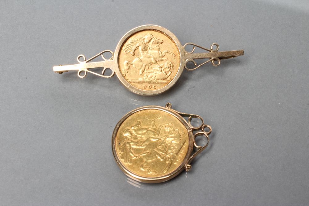 A GEORGE V SOVEREIGN, 1912, in a 9ct gold loose pendant mount, 9.5g total, together with an Edward - Image 2 of 3