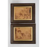 A PAIR OF VICTORIAN PENWORK PICTURES featuring dogs, unsigned, remnant of label to reverse inscribed