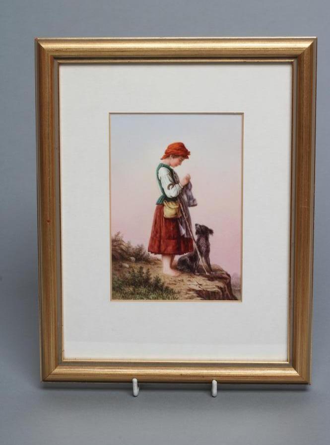 AN ENGLISH PORCELAIN PLAQUE, possibly Derby, painted by James Rouse with a young peasant girl