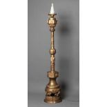 A JAPANESE GILDED CAST METAL FLOOR LAMP, c.1900, moulded in relief with birds on flowering branches,