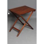 A MAHOGANY CAMPAIGN FOLDING TABLE, 19th century, the oblong top with brass hinges over folding