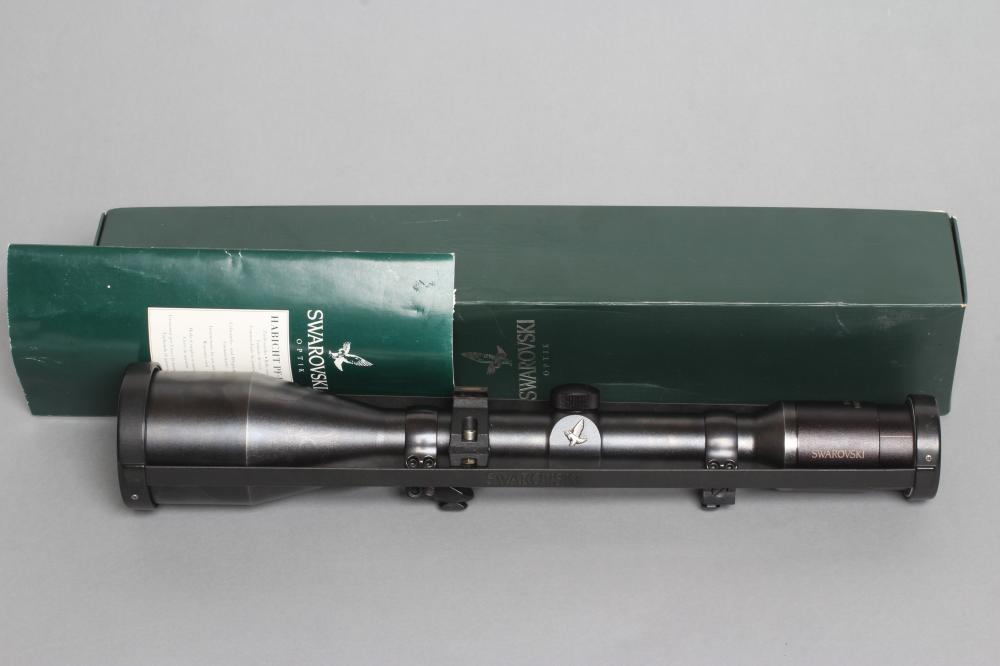 A SWAROVSKI 8X56 HABICHT RIFLE SCOPE, with MAB part rifle mounts, lens caps, box and paperwork (Est.