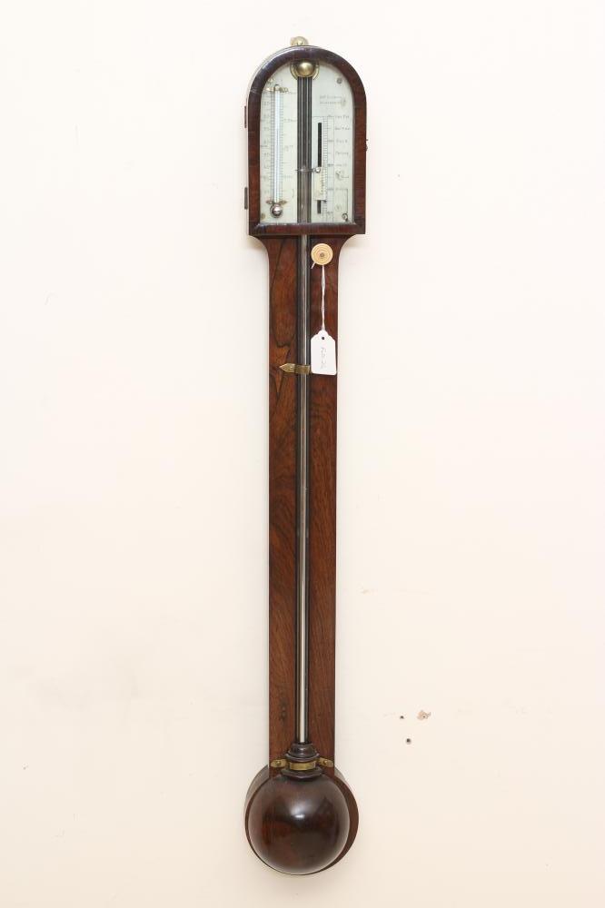 A ROSEWOOD STICK BAROMETER, signed Joseph Zanetti, Manchester, with double ivory vernier scales,
