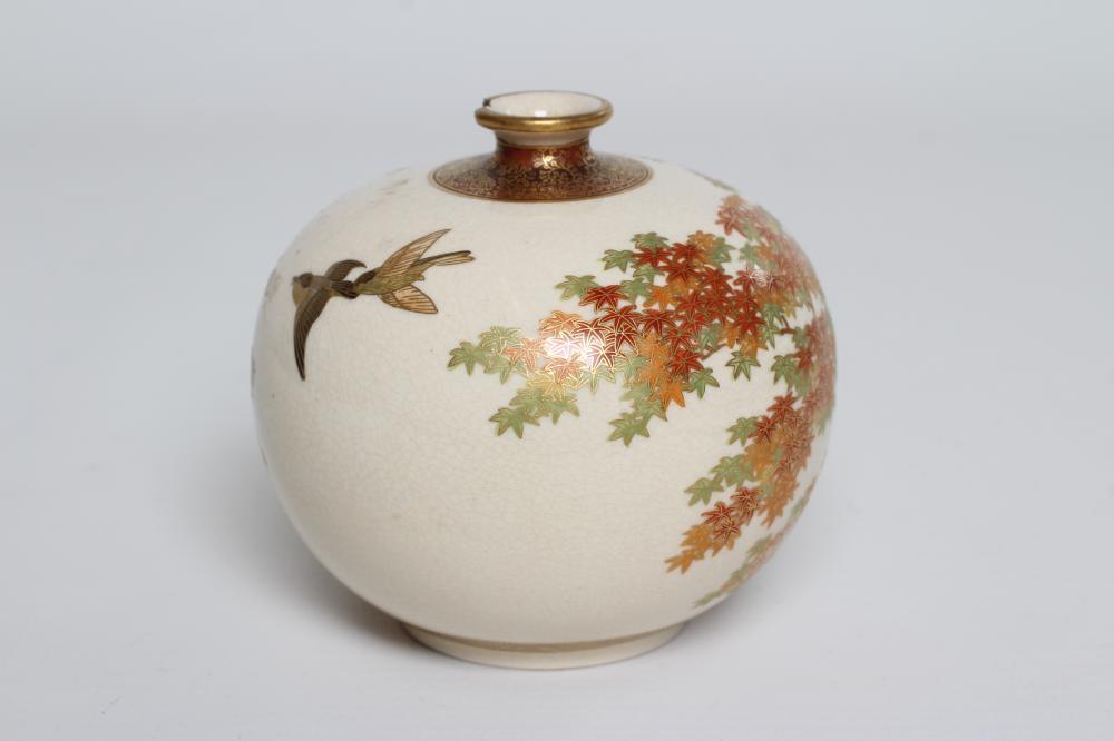 A SATSUMA EARTHENWARE SMALL VASE of bombe cylindrical form, painted in shades of orange and green